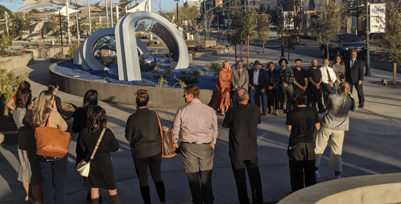 Dedication at Mesa City Hall — civic gathering with Strata